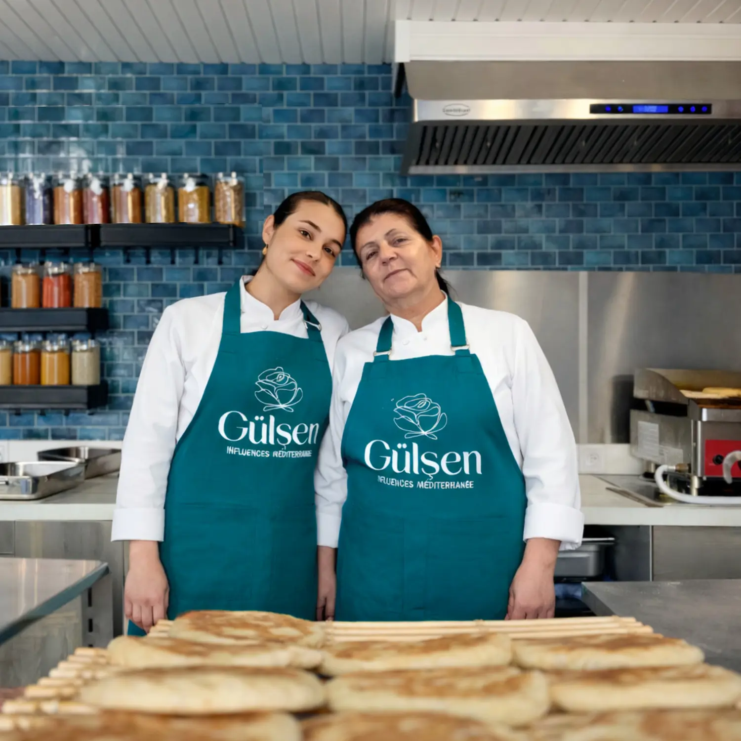 Mère et fille cuisinières en tenue de chef dans le foodtruck Gülşen préparant des spécialités maison à Bordeaux