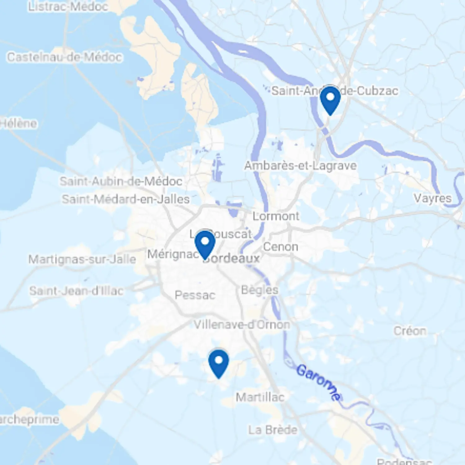Carte de Gironde indiquant Léognan, Mérignac Mondésir, Cubzac-les-Ponts et le laboratoire Gülşen à Bordeaux
